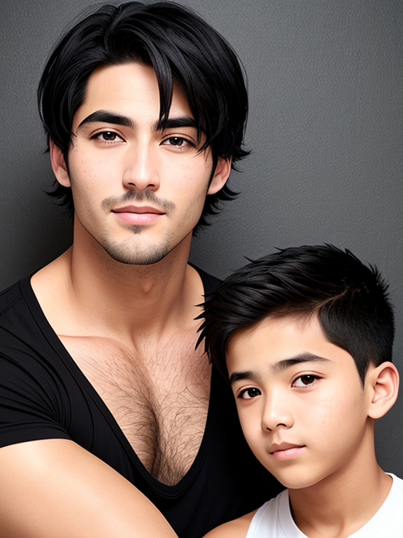 Handsome father and son with black hair and black eye