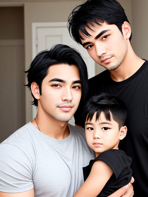 Handsome father and son with black hair and black eyes