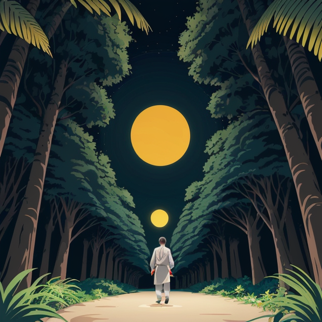 a man walking in a park, planar vector, character design, japan style artwork, on a shamanic vision quest, with beautiful nocturnal sun and lush Amazon jungle in the background, subtle geometric patterns, clean white background, professional vector, full shot, 8K resolution, deep impression illustration, sticker type, vibrant color, colorful background, a painting illustration , 2D