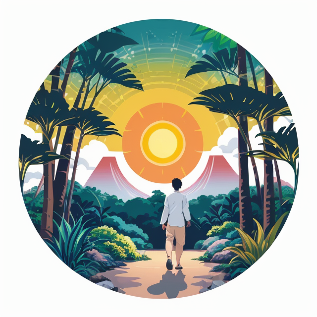 a man walking in a park, planar vector, character design, japan style artwork, on a shamanic vision quest, with beautiful nocturnal sun and lush Amazon jungle in the background, subtle geometric patterns, clean white background, professional vector, full shot, 8K resolution, deep impression illustration, sticker type, vibrant color, colorful background, a painting illustration , 2D