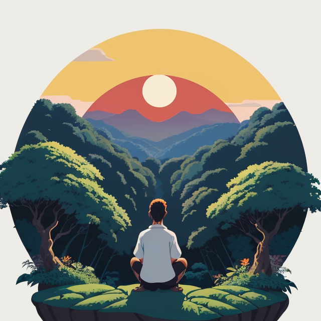 a man sitting on a hilly place, planar vector, character design, japan style artwork, on a shamanic vision quest, with beautiful nocturnal sun and lush Amazon jungle in the background, subtle geometric patterns, clean white background, professional vector, full shot, 8K resolution, deep impression illustration, sticker type, vibrant color, colorful background, a painting illustration , 2D