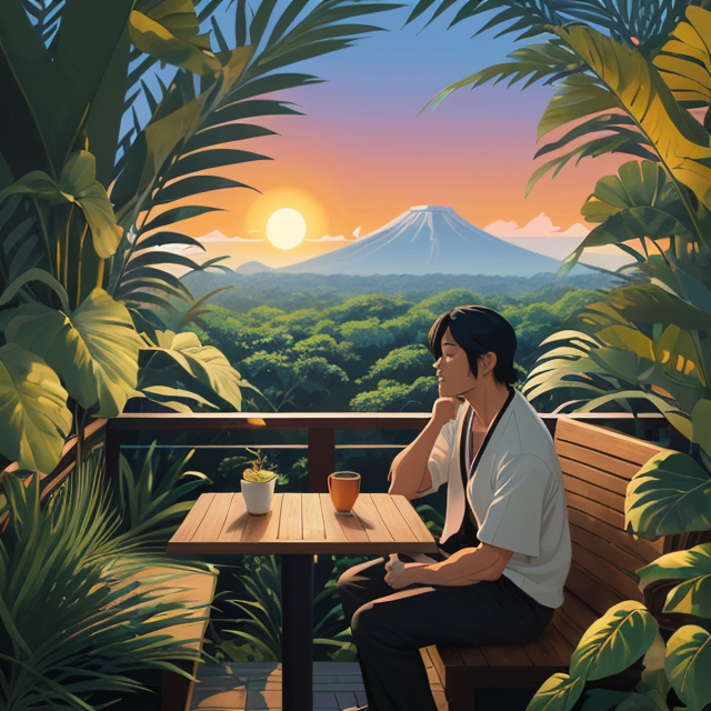 a man sitting on a cafe, planar vector, character design, japan style artwork, on a shamanic vision quest, with beautiful nocturnal sun and lush Amazon jungle in the background, subtle geometric patterns, clean white background, professional vector, full shot, 8K resolution, deep impression illustration, sticker type, vibrant color, colorful background, a painting illustration , 2D