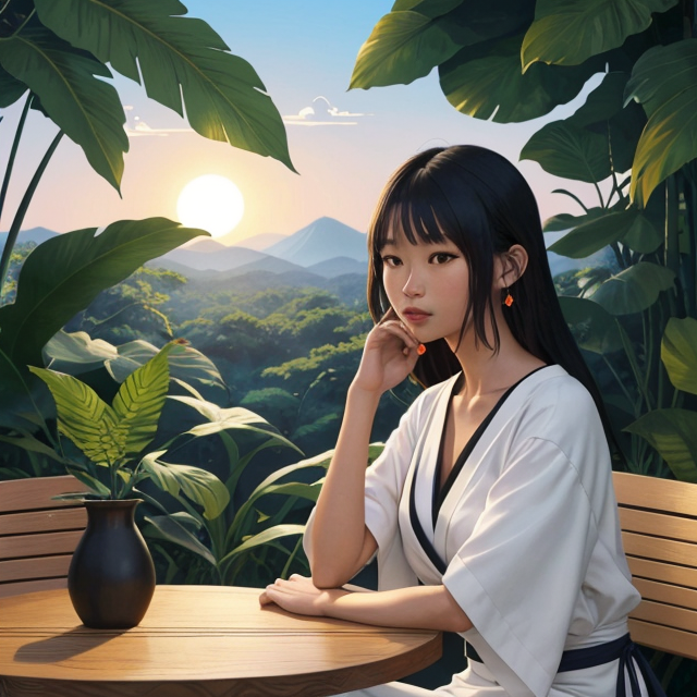 a man sitting opposite girl also sitting on a cafe, planar vector, character design, japan style artwork, on a shamanic vision quest, with beautiful nocturnal sun and lush Amazon jungle in the background, subtle geometric patterns, clean white background, professional vector, full shot, 8K resolution, deep impression illustration, sticker type, vibrant color, colorful background, a painting illustration , 2D