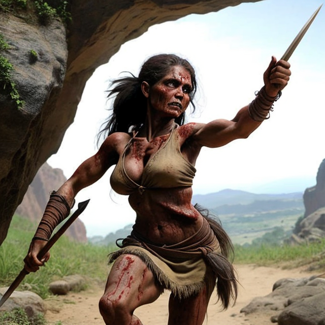 cave woman carrying a spear throwing it at a zombie