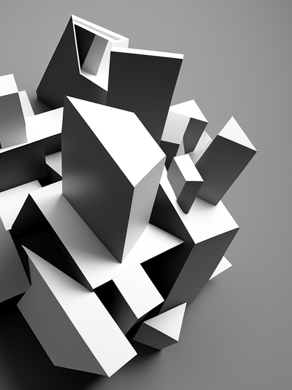 abstract geometric graphic elements in monochrome 3D with less contrasts, hyperrealistic digital objects