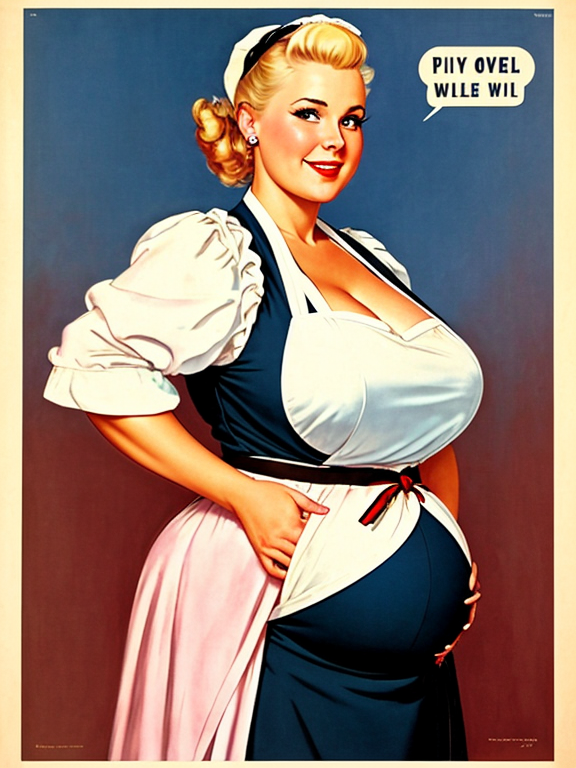 a beautiful giant elliptical pregnant blonde woman in an elegant 1950s pregnant cinched waist housewife dress and bib apron covering her comically oversized pregnant belly and bandana and high heels eating all the food and growing into a giantess and pushing all the normal sized women away. make her belly bigger. normal sized women angry at the smug smiling giantess. propaganda poster with the caption 