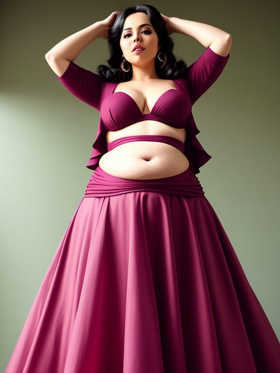 The woman’s belly is exaggeratedly large, protruding prominently from her midsection. It defies typical proportions, creating a surreal and whimsical effect. The tight cinching of her vintage dress at the waist further accentuates the roundness of her belly, making it a focal point of the composition