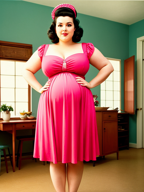 A giant pregnant woman in a 1950s house wife dress. The woman’s belly is exaggeratedly large, protruding prominently from her midsection. It defies typical proportions, creating a surreal and whimsical effect. The tight cinching of her vintage dress at the waist further accentuates the roundness of her belly, making it a focal point of the composition