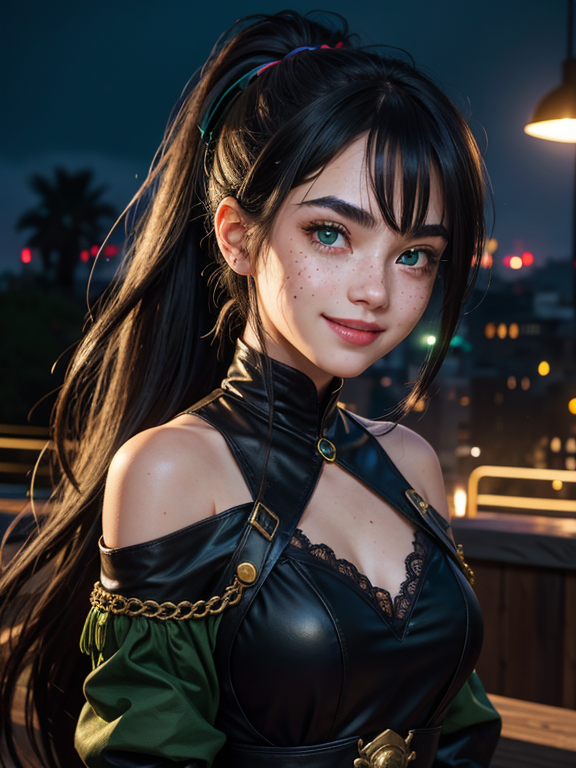 highres, masterpiece, perfect lighting, bloom, night, dark, cinematic lighting, perfect skin, A girl with messy black hair that goes over her shoulders with an ahoge. , looking at viewer, vivid green eyes, thick eyebrows, parted bangs, freckles, long flowing hair, ponytail, smile