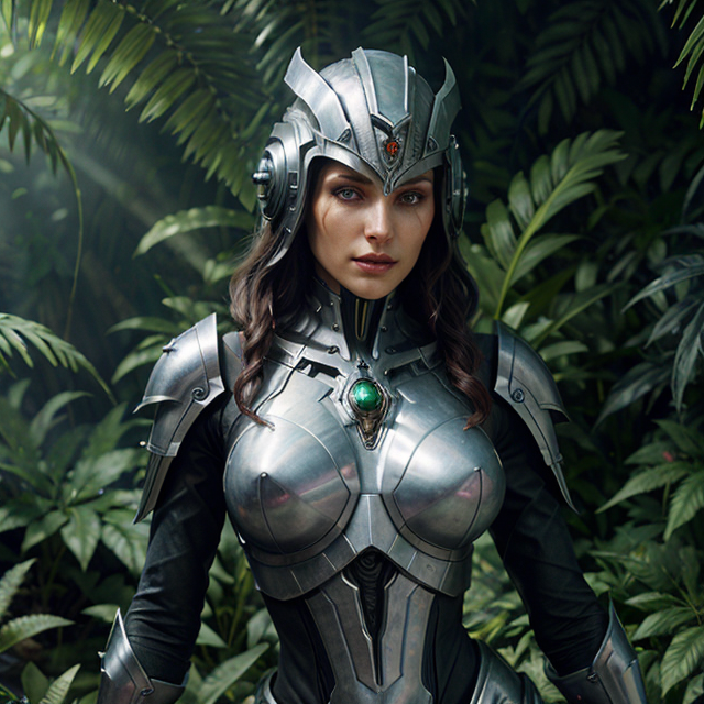 mystical evil scifi cyborg android queen with obsidian eyes, wearing an elaborate medieval helmet, in a jungle of subsurface wax tendril leaves, volumetric lighting, realistic concept art, octane render, 8 k, unreal engine, art by todd mcfarlane and artgerm and greg rutkowski and alphonse mucha