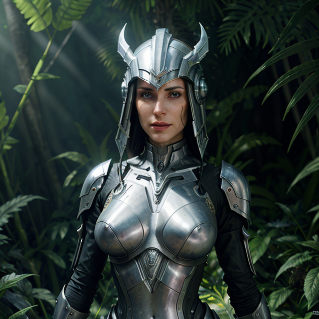 mystical evil scifi cyborg android queen with obsidian eyes, wearing an elaborate medieval helmet, in a jungle of subsurface wax tendril leaves, volumetric lighting, realistic concept art, octane render, 8 k, unreal engine, art by todd mcfarlane and artgerm and greg rutkowski and alphonse mucha