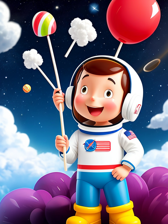 a cartoonn astronaut holding a big summer lollipop and using big earbud