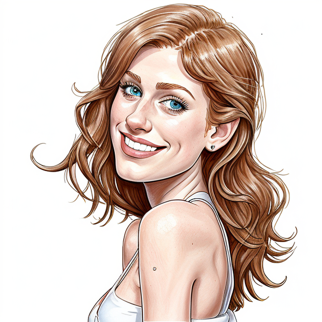 Katherine McNamara in a bikini, smiling, white background, sharp focus, (caricature:1.4), drawing