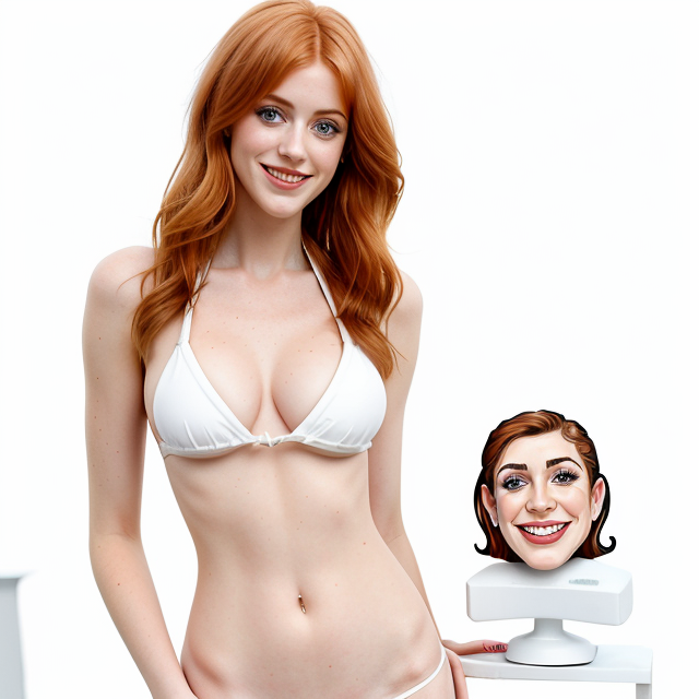 Katherine McNamara in a bikini, smiling, white background, sharp focus, (caricature:1.4)