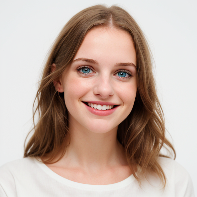 young woman, smiling, white background, sharp focus