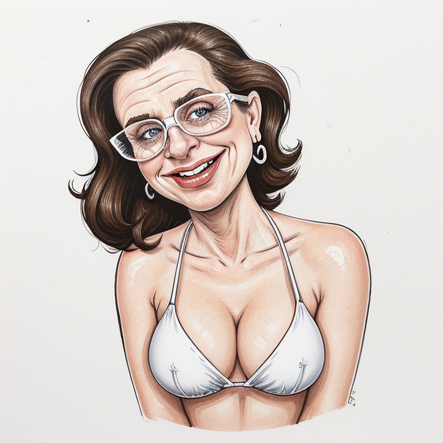 Katherine MacNamara in a bikini, smiling, white background, sharp focus, (caricature:1.4), drawing