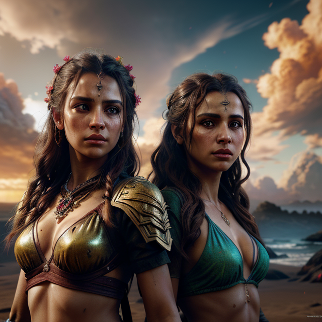 detailed symmetric beautiful hazel eyes,  Two women wearing beach clothes are playing zeus online slots, apocalyptic environment, splatter drippings, style of Horizon Zero Dawn, style of Brian Froud, Carne Griffiths, Wadim Kashin, John William Waterhouse, centre image, golden hour, 8k, soft lighting aesthetic, edge-to-edge print, volumetric lighting, TanvirTamim, cinematic, colorful background, concept art, dramatic lighting, high detail, highly detailed, hyper realistic, intricate, intricate sharp details, octane render, smooth, studio lighting, trending on artstation