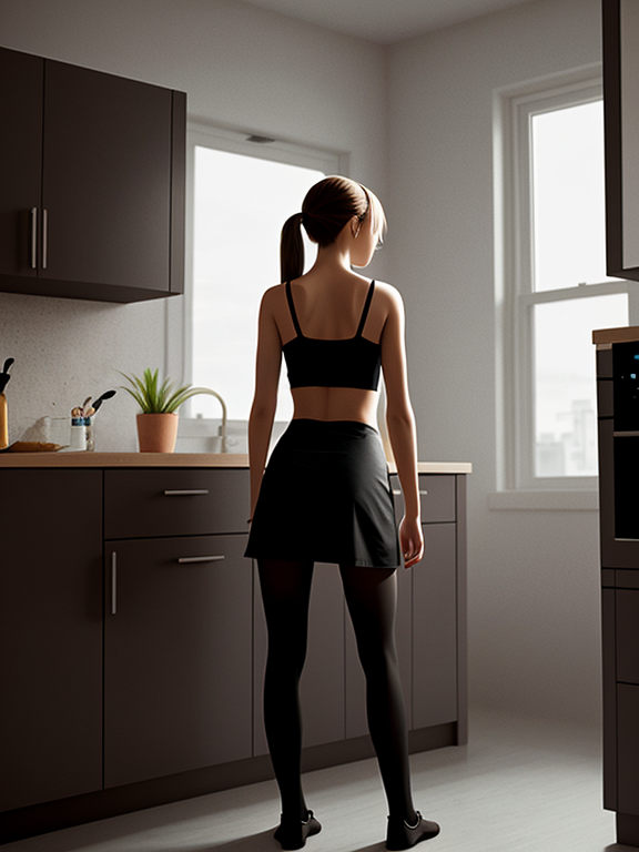 concept art, 1girl, standing in kitchen, from behind, anorexic, wearing black tights 
