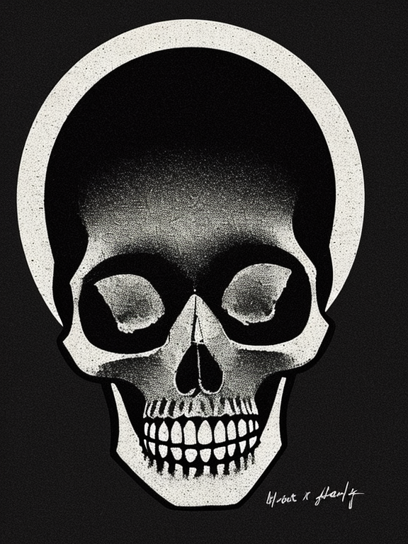 Black background. Single, centered skull, created using the words. 