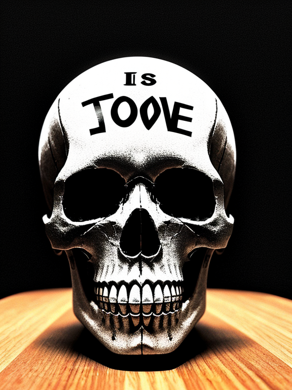 Black background. Single, centered skull, created using the words. 