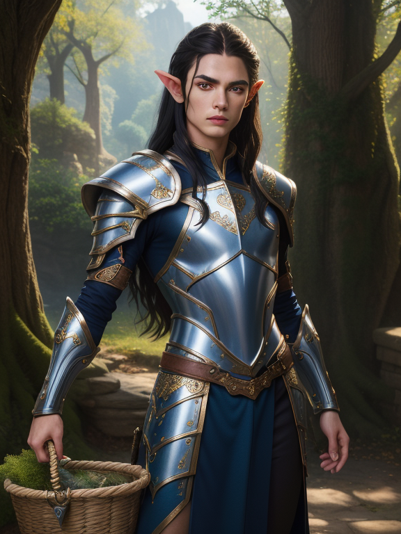 masterpiece ultra detailed, best quality, perfect face, detailed symmetric iris, perfect smooth skin texture, Male High Elven rakish rogue, with long black hair, blue eyes, high cheekbones. Black leather armor, with silver moon symbols.  Basket hilted rapier, with silver filigree oak leaves forming the basket, and and acorn pommel.Close fitting Elven boots with short flat toes, and subtle silver embroidery across the instep of the boots. D&D  character portrait , digital art, illustration, full-body-shot:1, detailed round young teen face Good Hands, detailed piercing eyes, detailed luscious lips, realistic, realism, intricate, cinematic lighting, comprehensive cinematic, portrait photography, magical photography, (gradients), colorful, detailed landscape, cinematic bloom, hyper realism, soft light, dramatic light, sharp, HDR, (RSEEmma:1.5), wearing traditional clothes