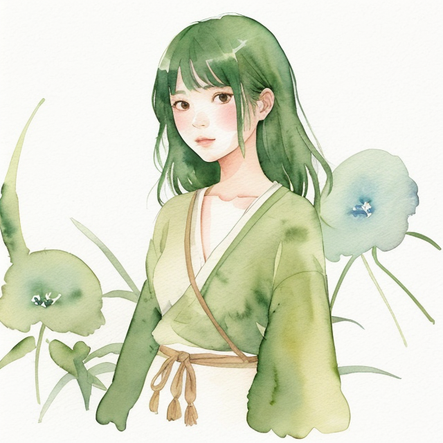 matcha girl, A simple, minimalistic art with mild colors, using Boho style, aesthetic, watercolor