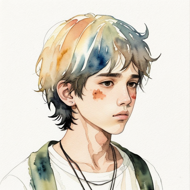 ugly boy, A simple, minimalistic art with mild colors, using Boho style, aesthetic, watercolor