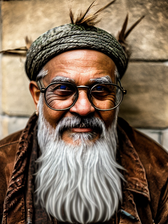 Old bald long bearded wizard with glasses , semi-profile, wrinkled face, bright brown eyes, weathered skin, highly detailed, war paint, war bonnet, 