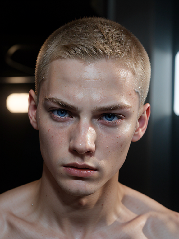 young man who looks like he's 18, has blonde buzzcut, blue eyes, extremely handsome, pale skin, has bruises on his face, looks angry, realistic digital art, hyper realistic, (((immersive realism))), ((ultra realistic))