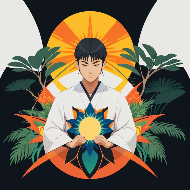 man, planar vector, character design, japan style artwork, on a shamanic vision quest, with beautiful nocturnal sun and lush Amazon jungle in the background, subtle geometric patterns, clean white background, professional vector, full shot, 8K resolution, deep impression illustration, sticker type, vibrant color, colorful background, a painting illustration , 2D