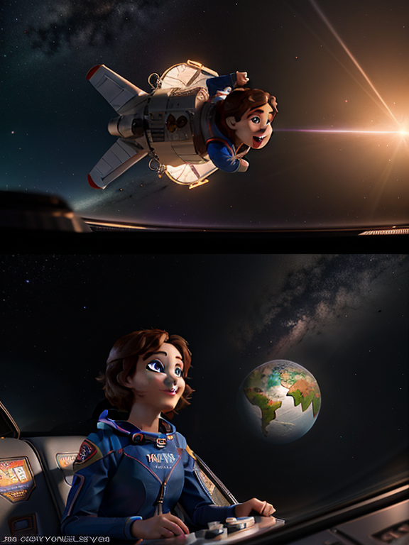 Pixar style, 3d style, Disney style, 8k, Beautiful, 2 people traveling in space, 3D style rendered in 8k using, disney movie effect