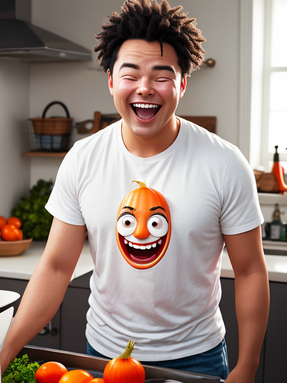 A whimsical and amusing photograph of a man bursting into uncontrollable laughter while clutching an onion with a comical, ultra human realistic crying face carved into it. He is casually dressed in a white T-shirt and jeans, and his joyous expression is contagious. The background reveals a vibrant kitchen filled with utensils and ingredients, creating a lively atmosphere. The playful integration of the crying onion adds a humorous touch, encapsulating the essence of lighthearted, everyday moments, orange and dark fantasy, ultra 4k