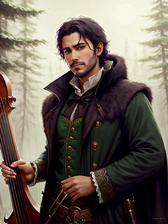 picture of male werewolf bard, green tuffle jacket, big harp, high fantasy, highly detailed, detailed faces, smooth, sharp focus, chiaroscuro, dnd, digital painting, concept art, rossdraws and moebius and jon mcnaughton