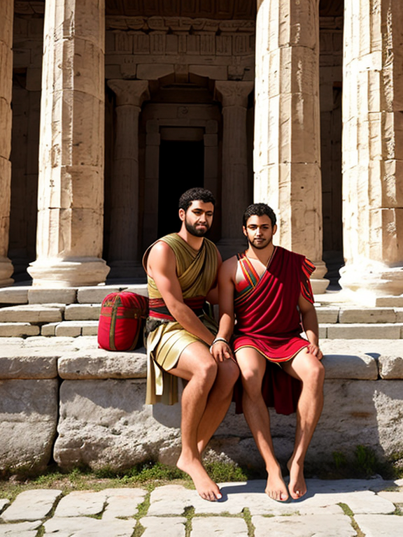 sfw, realistic, safe, hairy, safe, sfw, Roman Spartan man dressed in ancient roman clothes, sfw, young greek boy sitting on lap dressed in ancient Greek clothes, safe, sfw, sitting on bench, sfw, barefoot, sfw, playful, safe, full body, sfw, at greek temple, safe, real photo