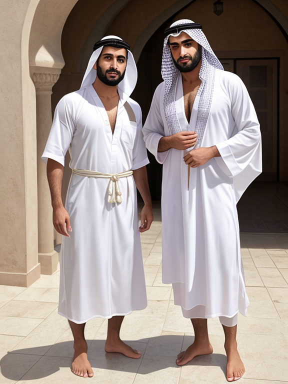 sfw, realistic, safe, hairy Arab Middle Eastern man with young boy, safe, full body standing soaked wet, safe, real life, sfw, arms and hands at side, wearing traditional wet white thobe, and keffiyeh in havaiana flip flops, at mosque, sfw, real photo, safe, both cross eyed, sfw, tongue out