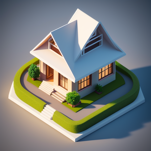 Centered, Very cute, Isometric view, Unique clay 3d icon curved low poly, a building surrounded by garden on a road side, Thailish style decorations, 3D, 8K, minimal, indepth details, menu stand of the front., 100 mm, Pastel colors, 3d blender render, Neutral blur background, Centered, Matte clay, Soft shadows, Cute, Pretty, Curves, 16k resolution, Concept design, Modern house