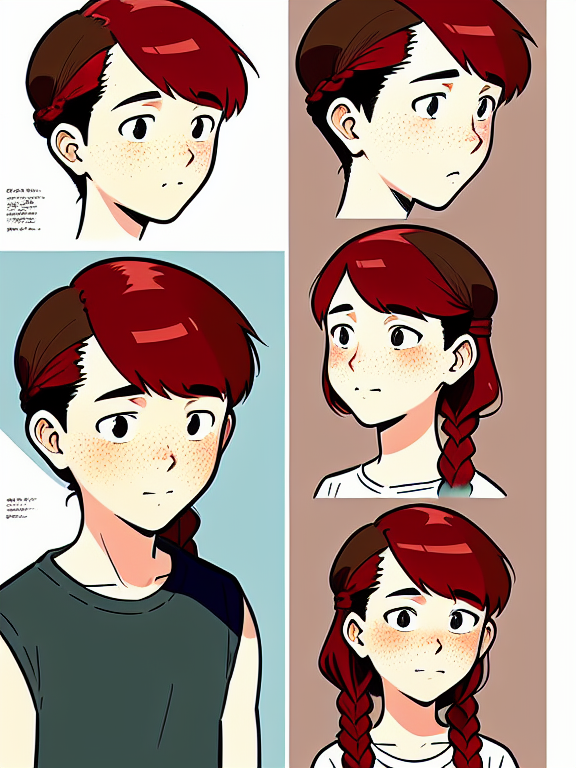 Boy, brown hair, bl bottom, red hair, braided, with freckles on her face

Beautiful colors

Pencil sketches

Style of dan matutina

In the style of studio ghibli

Art by Hiroshi Saitō

Bold lines

Bold the drawing lines

One character