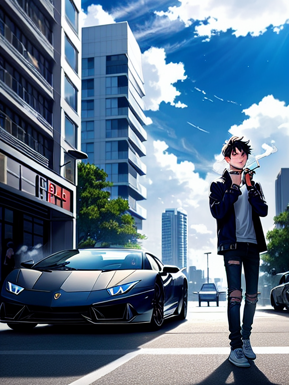 A vibrant and striking scene in Los Angeles with buildings in the background, the bright sun and thick clouds serving as a backdrop.on the left side, In the foreground, a newly parked black Lamborghini sports car sits idling by the sidewalk, the driver door is open, revealing a white boy with tattoos, blue dreadlocks, black pants and a white shirt, standing beside it. The boy, dressed casually in ripped jeans with his attention fixed on the joint he's smoking as he blows a smoke cloud into the air. His nonchalant pose and accessories instantly convey coolness and confidence. Across the street, a group of 5-10 fans, all young girls, are gathered on the sidewalk, with their hands in the air, cheering and yelling for him. Some of the girls attempt to run towards him, clearly infatuated by his presence. visually striking contrast that draws the viewer's eye into the scene.