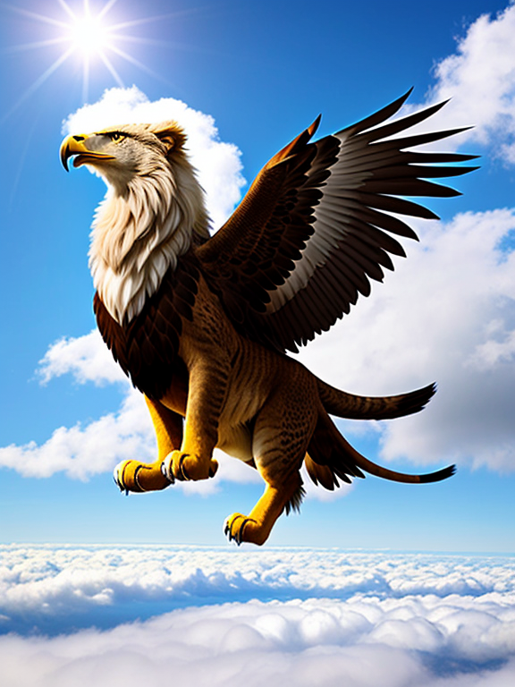 Generate an image of lion flying in clear sky, above the clouds with the huge wings of eagle. Generate a realistic image of lion with eagle wings