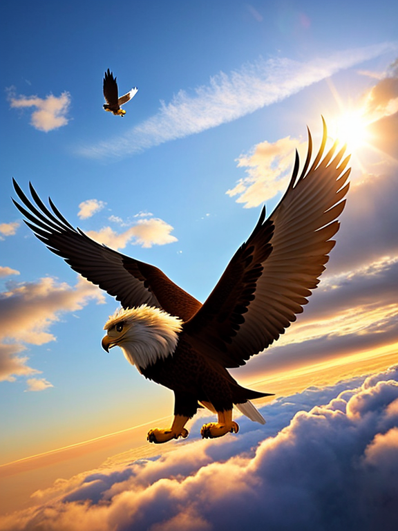 Generate an image of lion flying in clear sky, above the clouds with the huge wings of eagle. Generate a realistic image of lion with eagle wings.  Only the wings should belong to eagle and rest of the body is of lion. Don't give sun in the image 