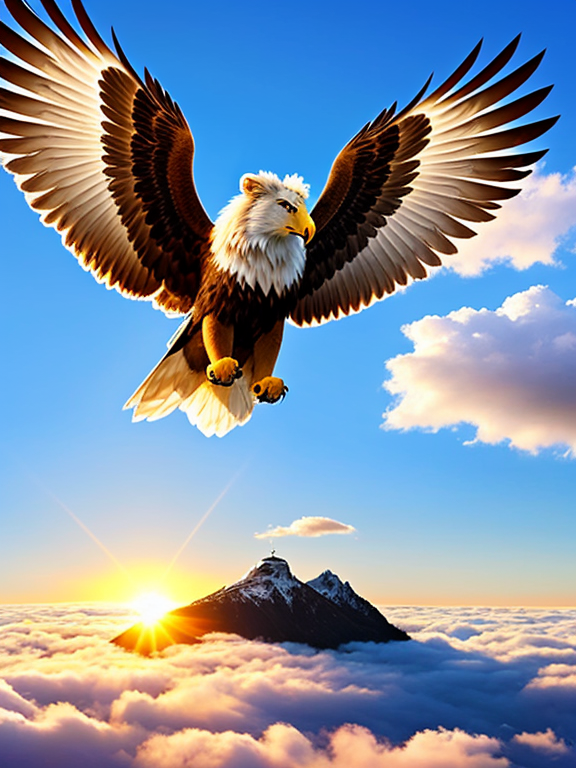 Generate an image of lion flying in clear sky, above the clouds with the huge wings of eagle. Generate a realistic image of lion with eagle wings.  Only the wings should belong to eagle and rest of the body is of lion. Don't give sun in the image. Use only the wings of eagle