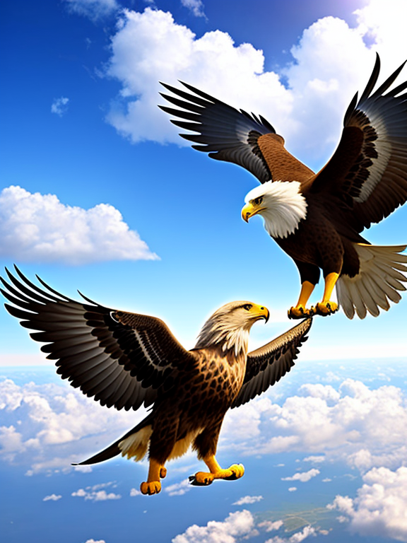 A lion is flying in the sky with the help of eagle wings in clear sky above clouds
