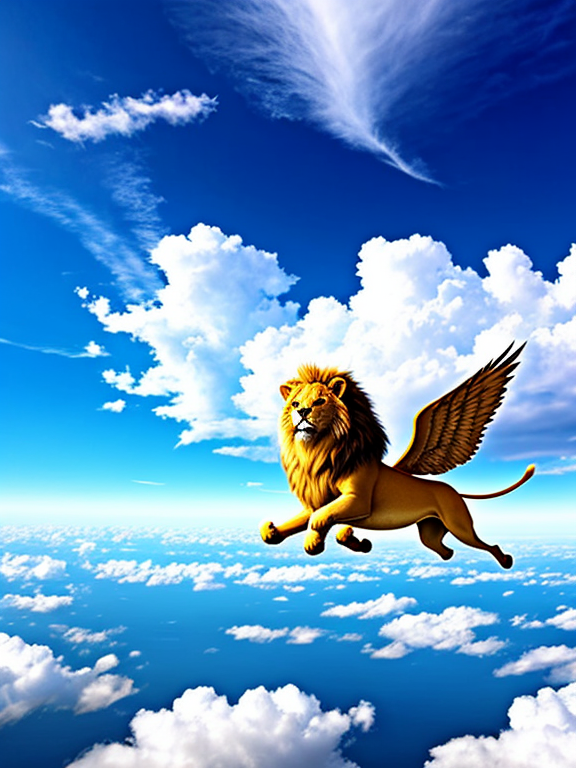 A lion is flying in the sky with the  wings in clear sky above clouds