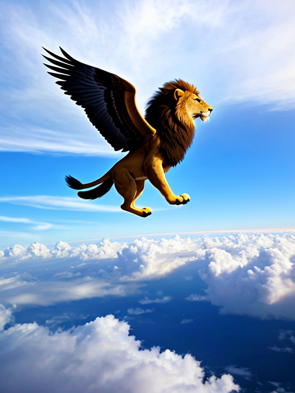 A lion is flying in the sky. It uses its wings to fly. These wings are similar to the wings of an  eagle. Now generate an image of lion flying in the Clear sky above clouds 