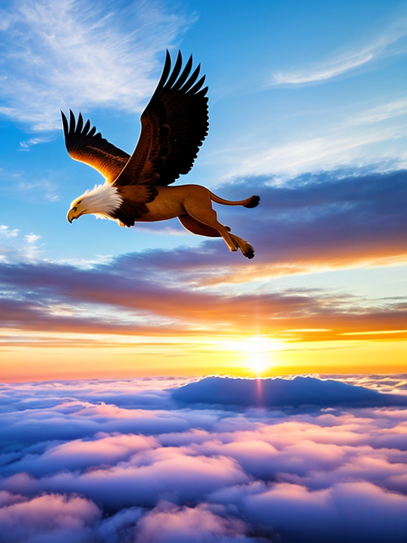 A running lion is flying in the sky. It uses its wings to fly. These wings are similar to the wings of an  eagle. Now generate an image of lion flying in the Clear sky above clouds 