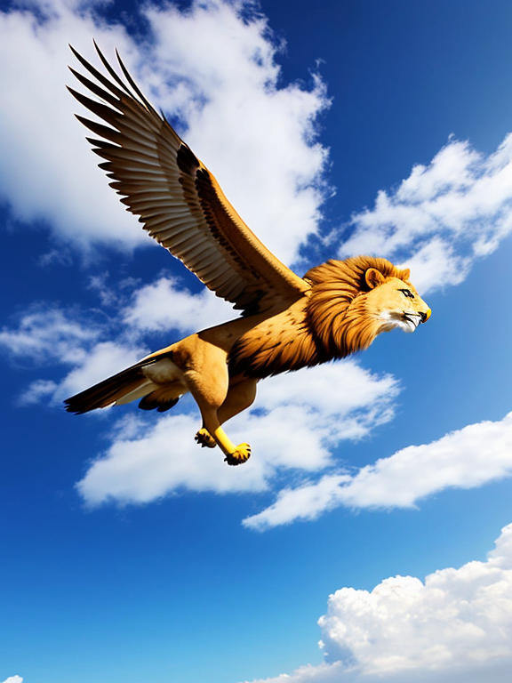 A running lion is flying in the sky. It uses its wings to fly. These wings are similar to the wings of an  eagle. Now generate an image of lion flying in the Clear sky above clouds. The image should contain only lion, not any part of eagle except the wings 