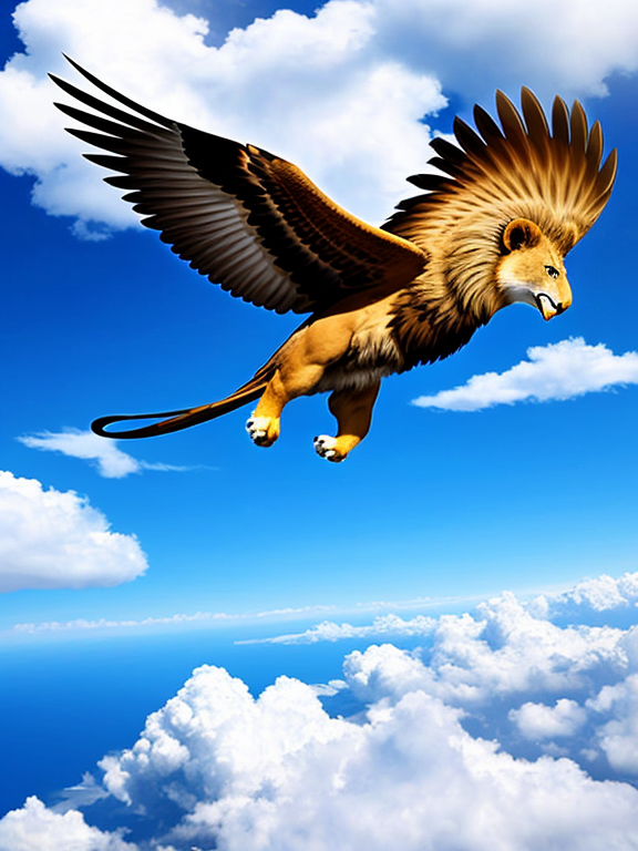A running lion is flying in the sky. It uses its wings to fly. These wings are similar to the wings of an  eagle. Now generate an image of lion flying in the Clear sky above clouds. The image should contain only lion, not any part of eagle except the wings. Give only a lion