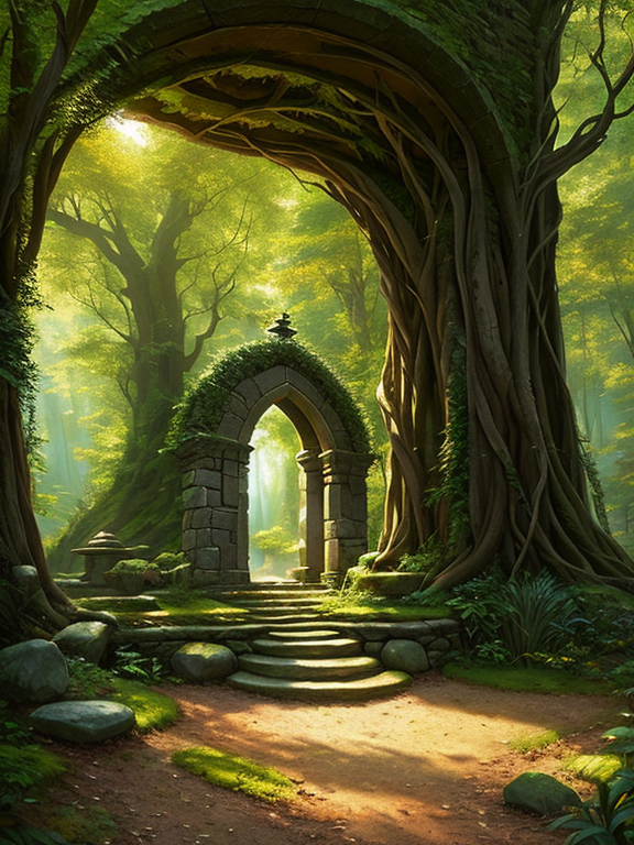 Fantasy Magical fairy-tale stone portal in the forest. Round stone portal teleport in trees to other worlds. Fantastic landscape. Magic Altar in the fores, highly detailed, digital painting, artstation, concept art, smooth, sharp focus, illustration, art by artgerm and greg rutkowski and alphonse mucha