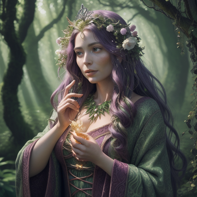 Artistic, Creativity, An attractive elder Witch in the MagicForest wearing Fishnets, The druid is depicted in an almost painterly manner, with bold brushstrokes and vivid colors, painterly style, bold brushstrokes, vivid colors, The swirling patterns of the druid's robe appear as if they are crafted from living vines, moving with an animated grace, swirling patterns, living vines, animated, Their eyes exude a mesmerizing glow, reflecting their connection to mystical energies, mesmerizing glow, mystical energies, A crown of intertwined branches and flowers adorns the druid's head, emphasizing their status as a nature guardian, crown of branches, flowers, nature guardian, evoking a sense of otherworldly wonder, starlit skies, otherworldly wonder, this artistic portrayal celebrates the druid's imaginative spirit and their ability to weave magic into reality., Photorealistic, Hyperrealistic, Hyperdetailed, analog style, detailed skin, matte skin, soft lighting, subsurface scattering, realistic, heavy shadow, masterpiece, best quality, ultra-realistic, 8k, Intricate) High Detail, film photography, sharp focus, detailed skin texture, elegant, showcases their creativity and magical prowess