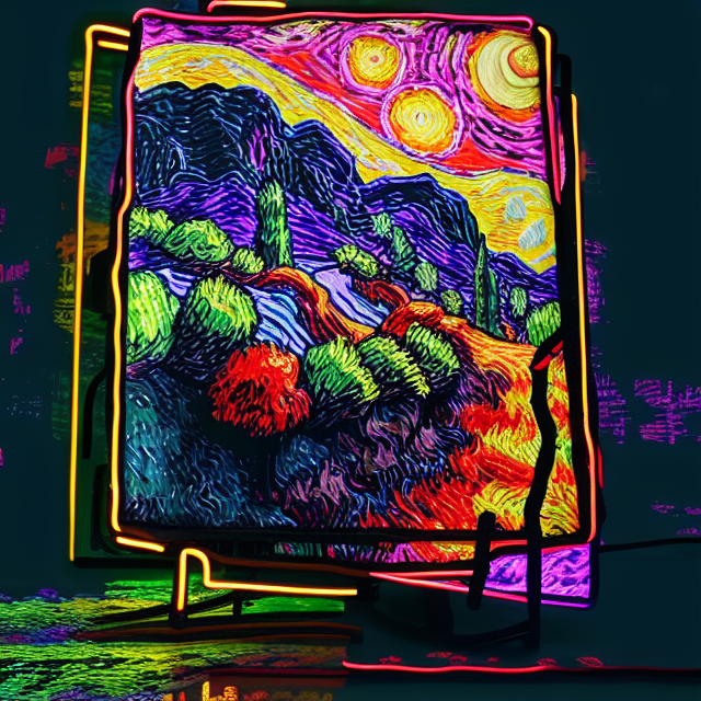 A beautiful landscape in the style of Vincent van Gogh, An zombies invasion with a neon futuristic light, with the sun setting in the distance, The colors are vibrant and intense, and the brushstrokes are expressive and dynamic, The image is both beautiful and thought-provoking, and it evokes a sense of peace and tranquility, 